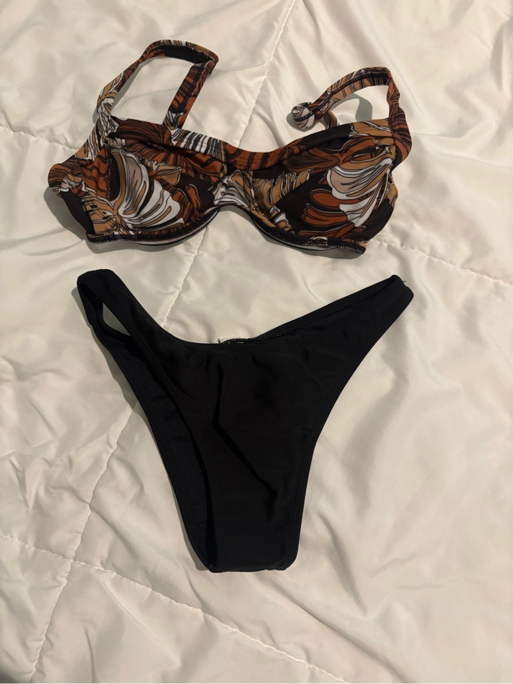 Underwire Printed Bikini Top with Solid Black Bottoms - Brown Print